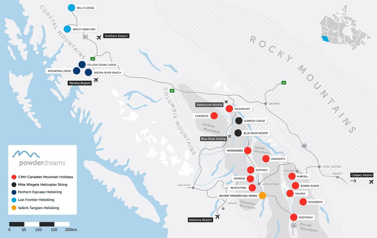 Karte der Heliski-Gebiete unserer Partner in British Columbia